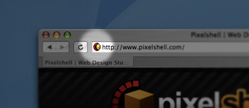 Safari web browsing showing the Pixelshell favicon by the URL